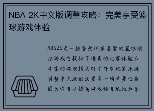 NBA 2K中文版调整攻略：完美享受篮球游戏体验